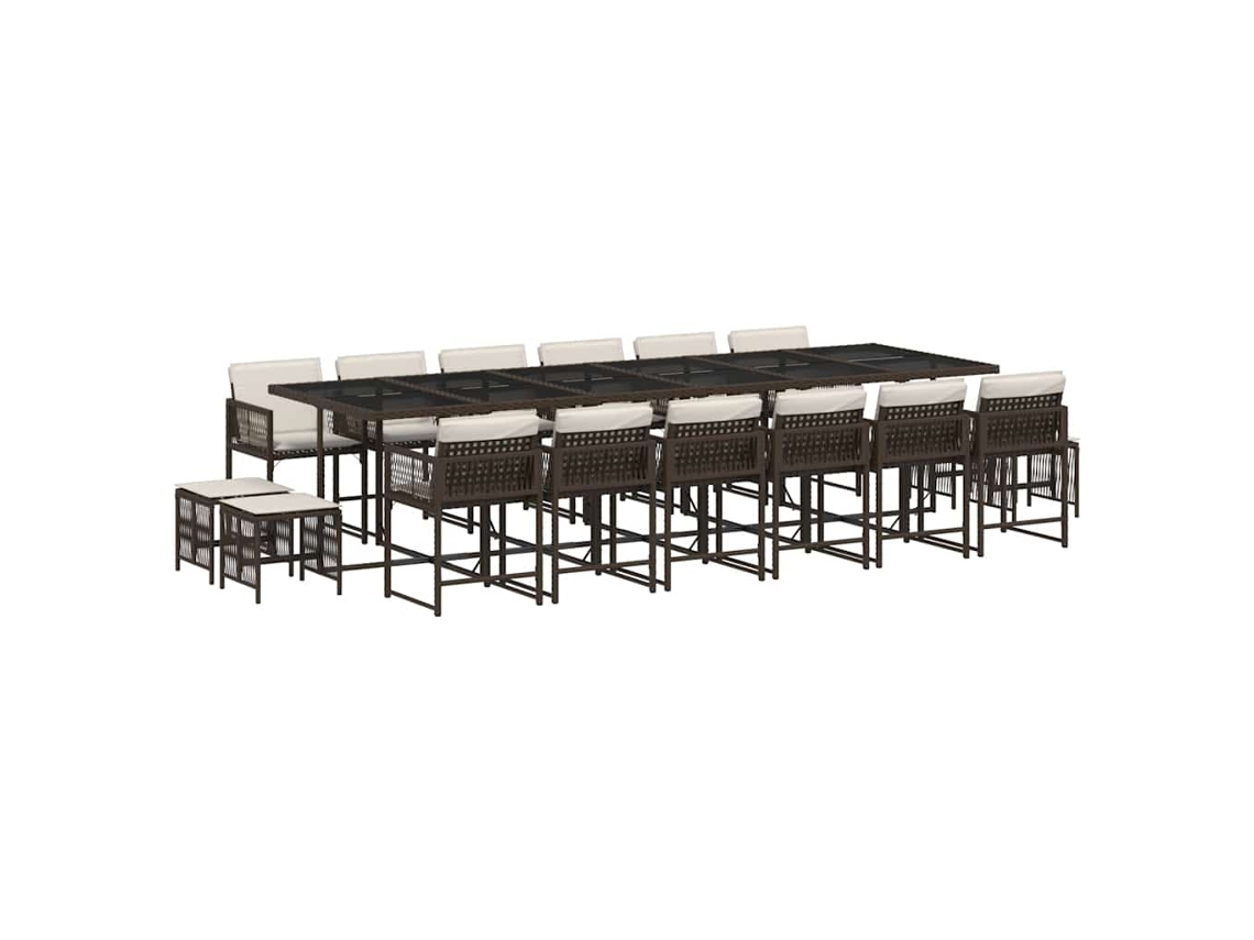 Juego de comedor de jardín de 17 piezas con cojines de mimbre, marrón, EXCLUSIVO DE LA CASA (17 piezas)