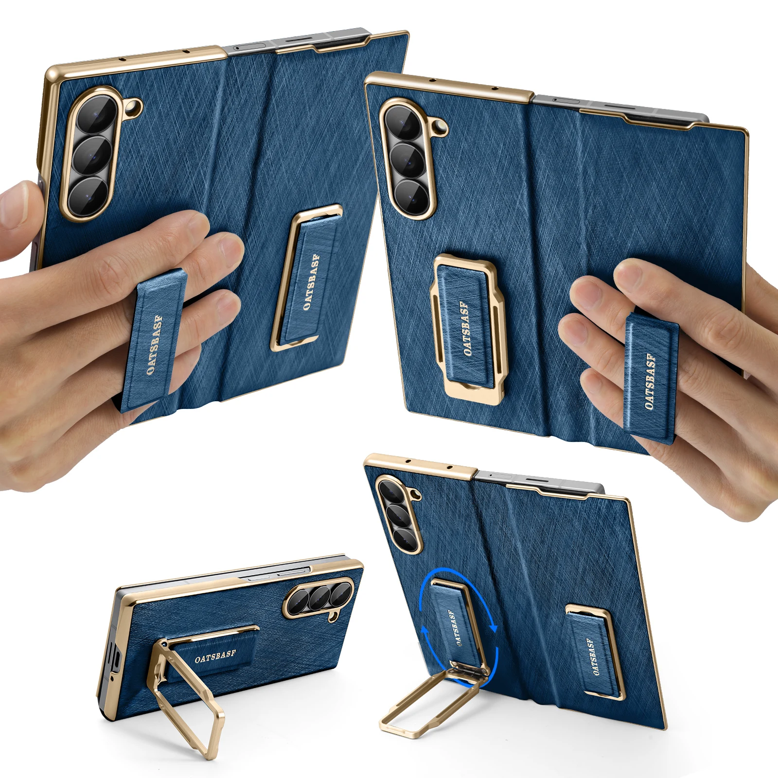(galaxy Z Fold 7 Azul) Funda De Cuero Genuino Con Soporte Giratorio De 360° Y Correa De Muñeca Magnética Doble.