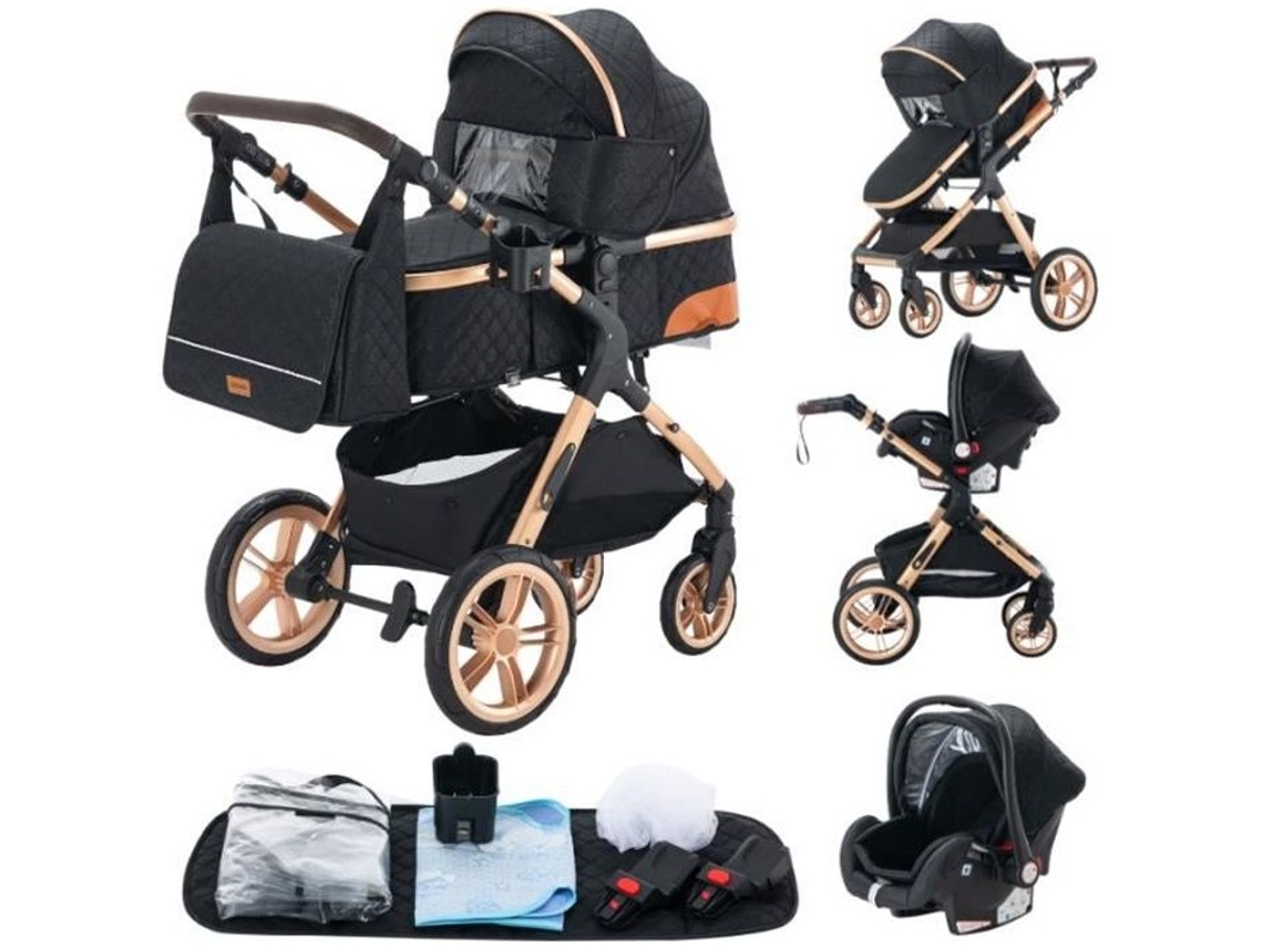Cochecito 3 en 1 Yazoco con capazo y silla de auto, hasta 15 kg, color negro dorado