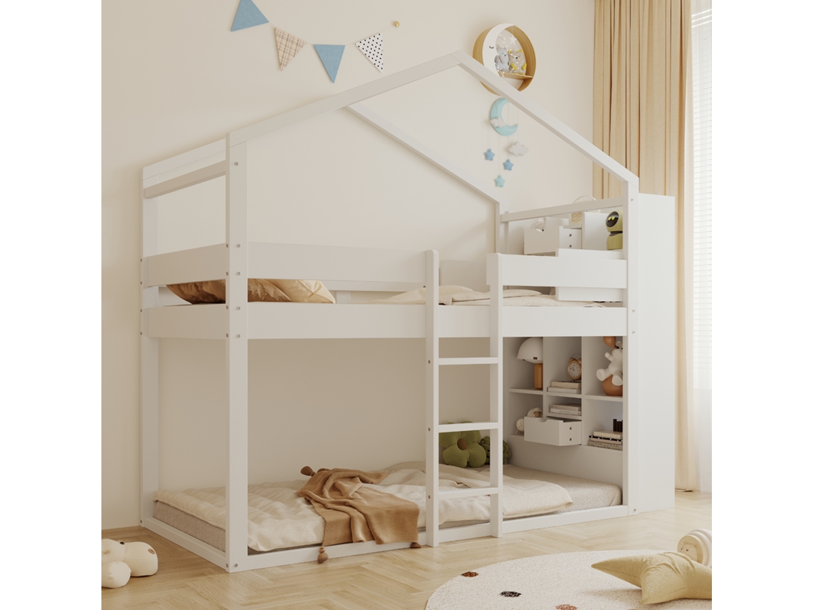 Litera De Pino De 90x200 Cm Con Espacio De Almacenamiento Para Cama Infantil, Blanca En747