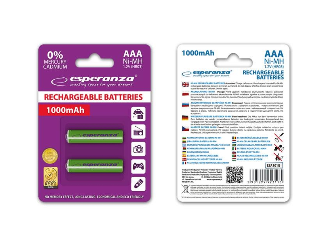 Pila Recargable Aaa Esperanza Eza101g 1000 Mah 2 Unidades