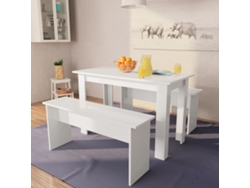 Mesa de comedor y bancos 3 piezas madera contrachapada blanca