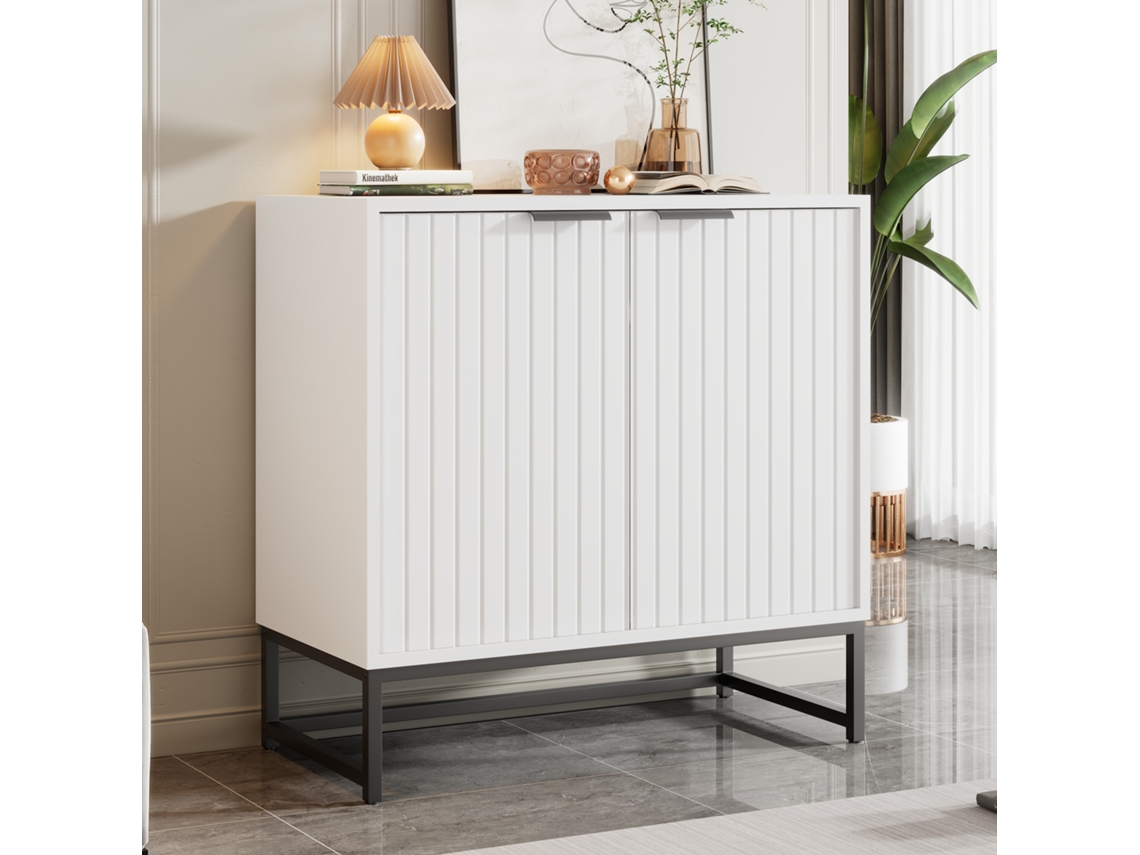 Aparador-cómoda moderno 80x40x80 cm, 2 puertas termoformadas, tiradores y patas de metal, ideal para salón, recibidor o comedor.
