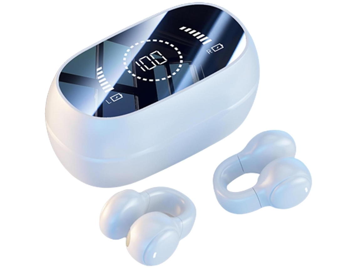 Auriculares Bluetooth MDUG con batería de larga duración, diseño abierto y carga USB.