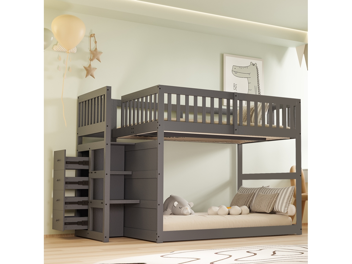 Beliche Baixa 140 X 200 Cm, Beliche De Segurança Com Compartimento De Armazenamento, Design Com Grades Altas, Cama De Madeira, Cinza