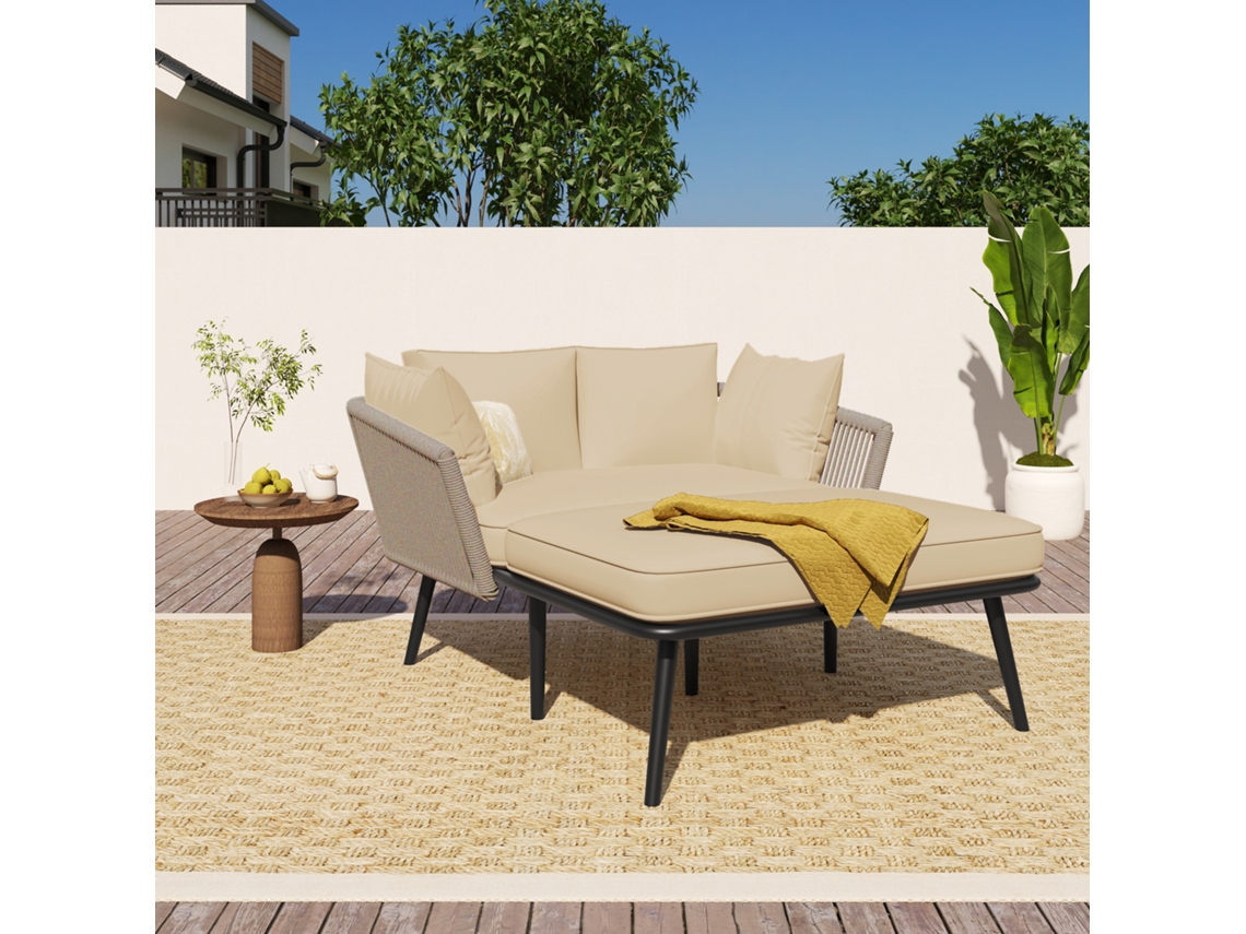 Sofá De Jardín Con 2 Cojines Y 2 Almohadas Extraíbles - Caqui
