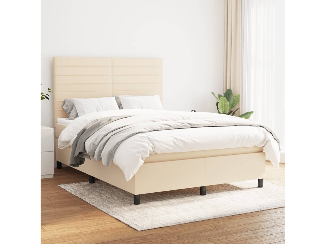 Cama Box Spring Con Colchón Tela Color Crema 140x200 Cm