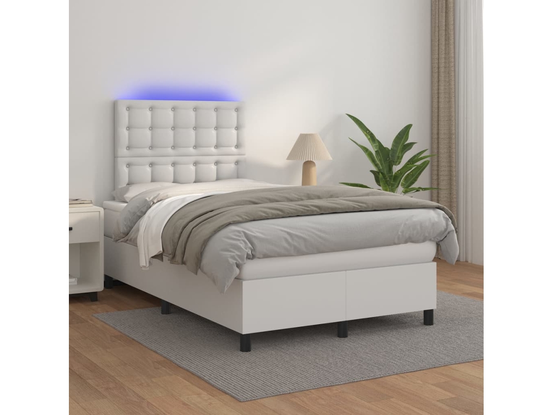 Cama box spring colchón y LED cuero sintético blanco 120x200 cm