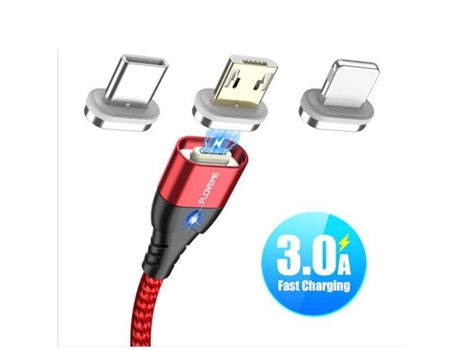 Cable Magnético De Carga Rápida Con Led Usb 3X1 Lightning Iphone / Micro-Usb / Usb-C Rojo