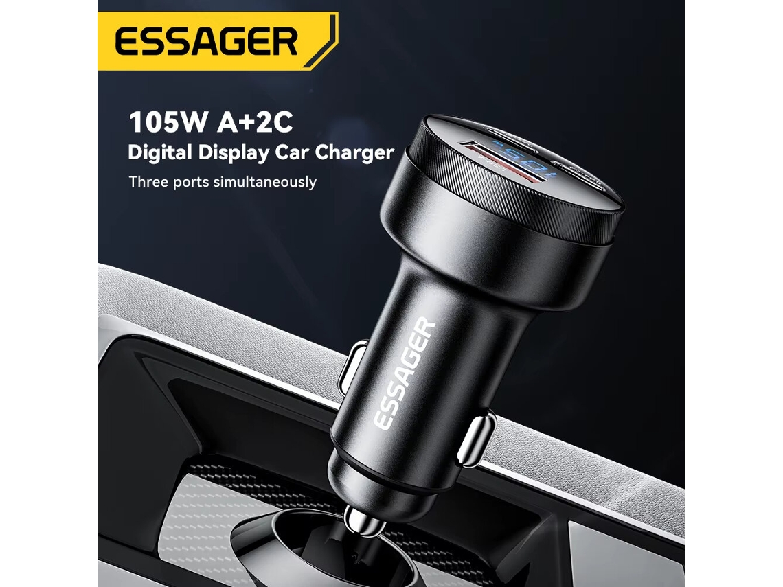 Cargador De Coche Essager Fsj-008 De 105 W Con 3 Puertos Usb Pd, Adaptador Usb-a2usb-c Pd Pps Con Led Azul