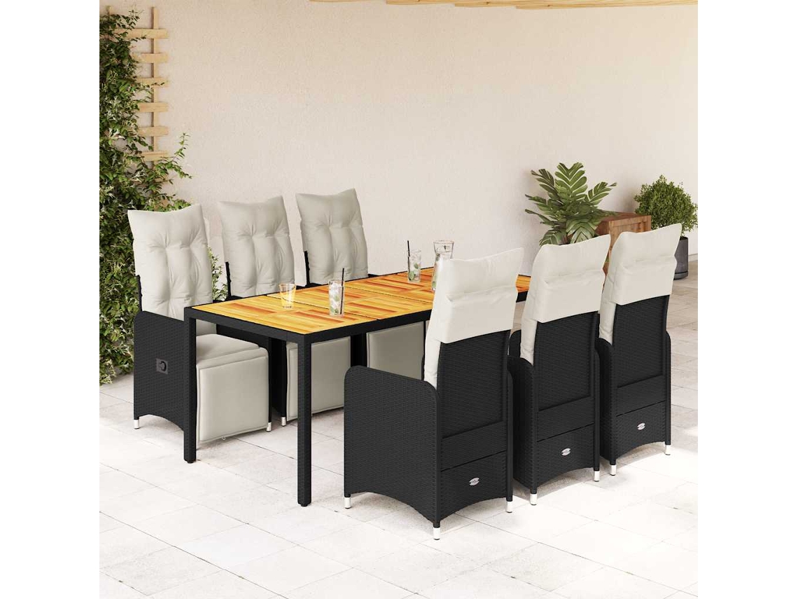 Conjunto de bistró de jardín de 7 piezas con cojines de mimbre negros de DKD Home Decor