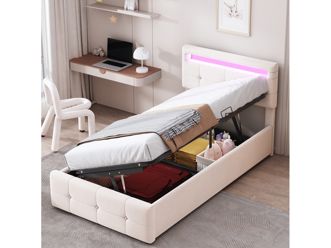 Cama Infantil 90x200cm En Terciopelo,con Luces Led Rgb Controladas Por App Y Mando,almacenamiento Hidráulico,estructura De Madera Y Metal,200kg,beige