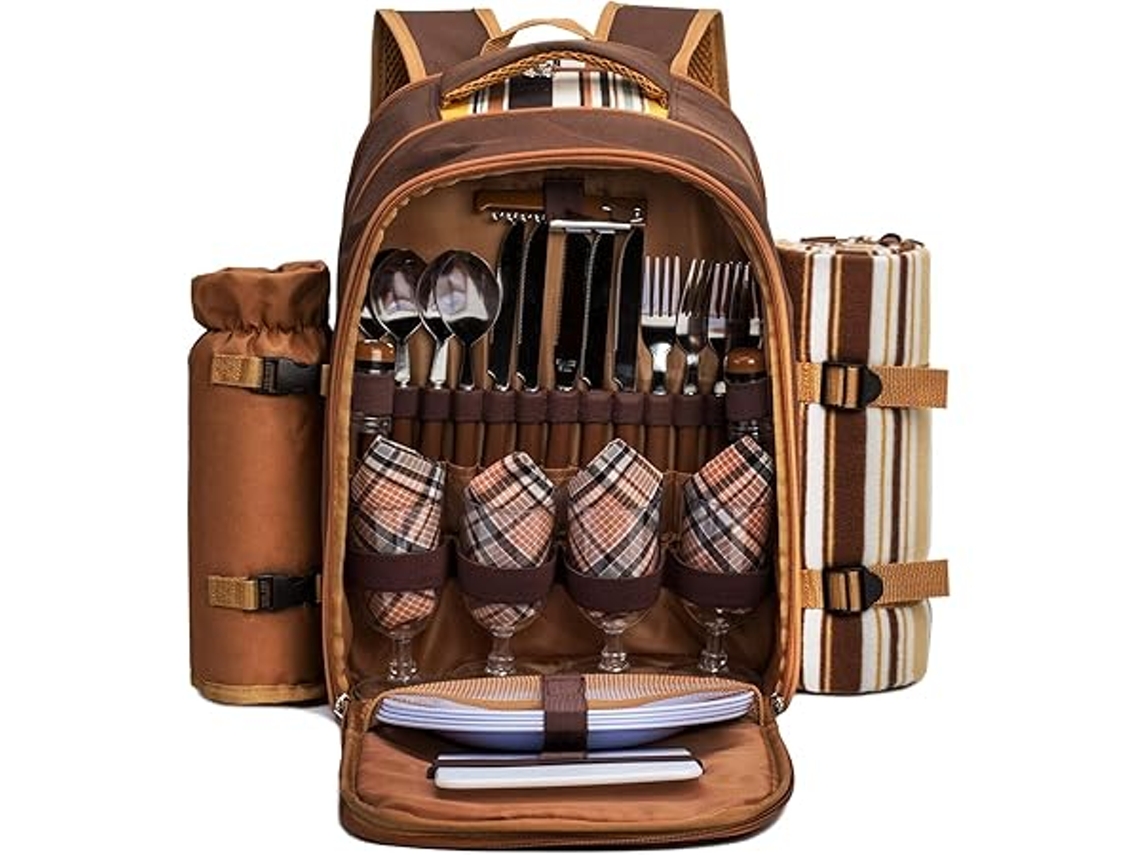 Mochila de picnic para cuatro personas, con manta polar y compartimento térmico, marrón, ideal para actividades al aire libre en el balcón, Du STELASPLEN