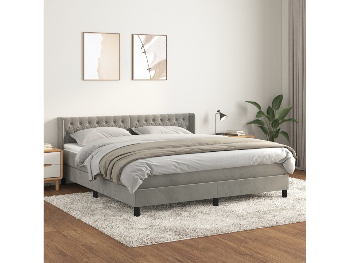 Cama box spring con colchón terciopelo gris claro 180x200 cm