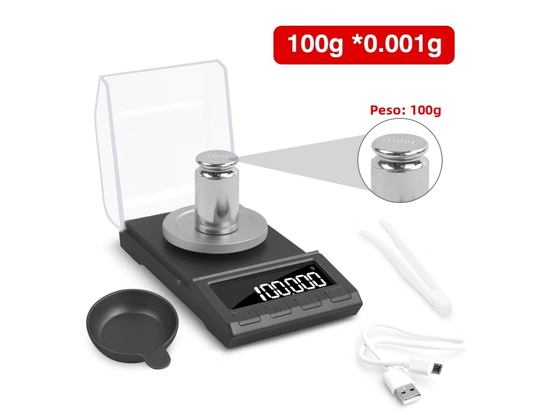Báscula Electrónica Digital De Precisión (negra, 100 G), Alimentación Por Usb, Pantalla Lcd, Precisión De 0,001 G
