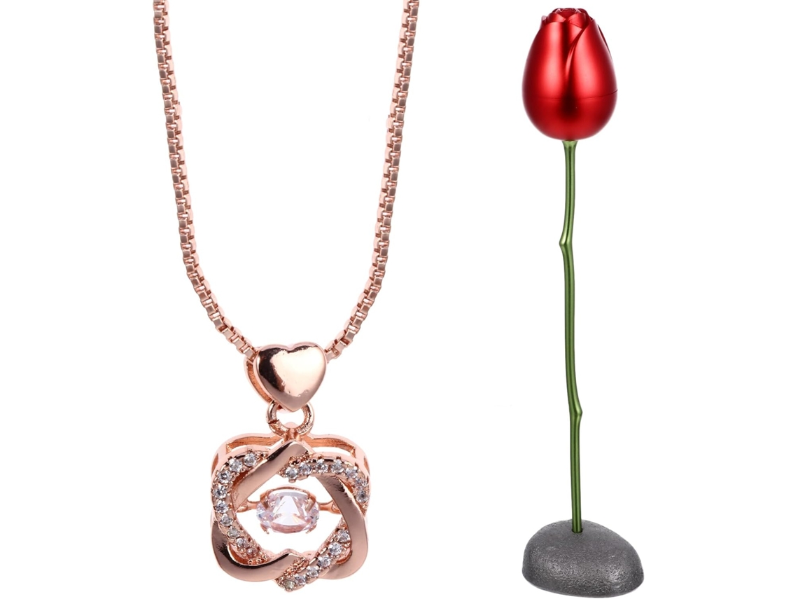 Conjunto De Colar E Anel Em Aço Inoxidável Com Coração Rosa - Conjunto Exclusivo