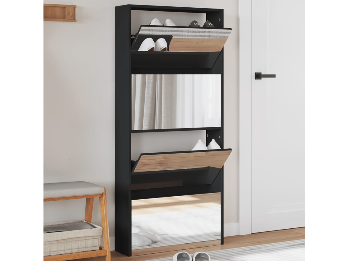 Mueble Zapatero | Zapatero Con Espejo 4 Niveles Negro 63x17x134 Cm