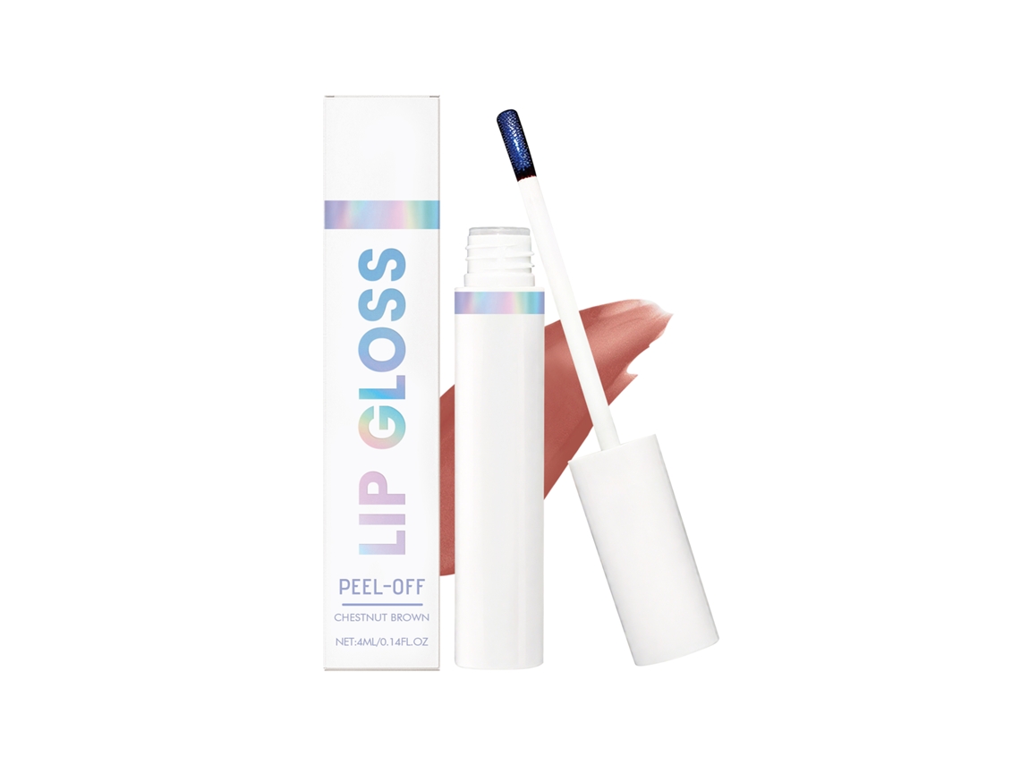Barra de labios brillante despegable en tono marrón.