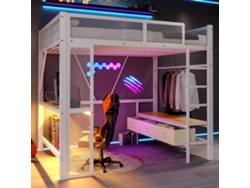 Cama Alta De Metal De 140x200 Con Usb E Iluminación Led, Escritorio Blanco Con 3 Cajones.