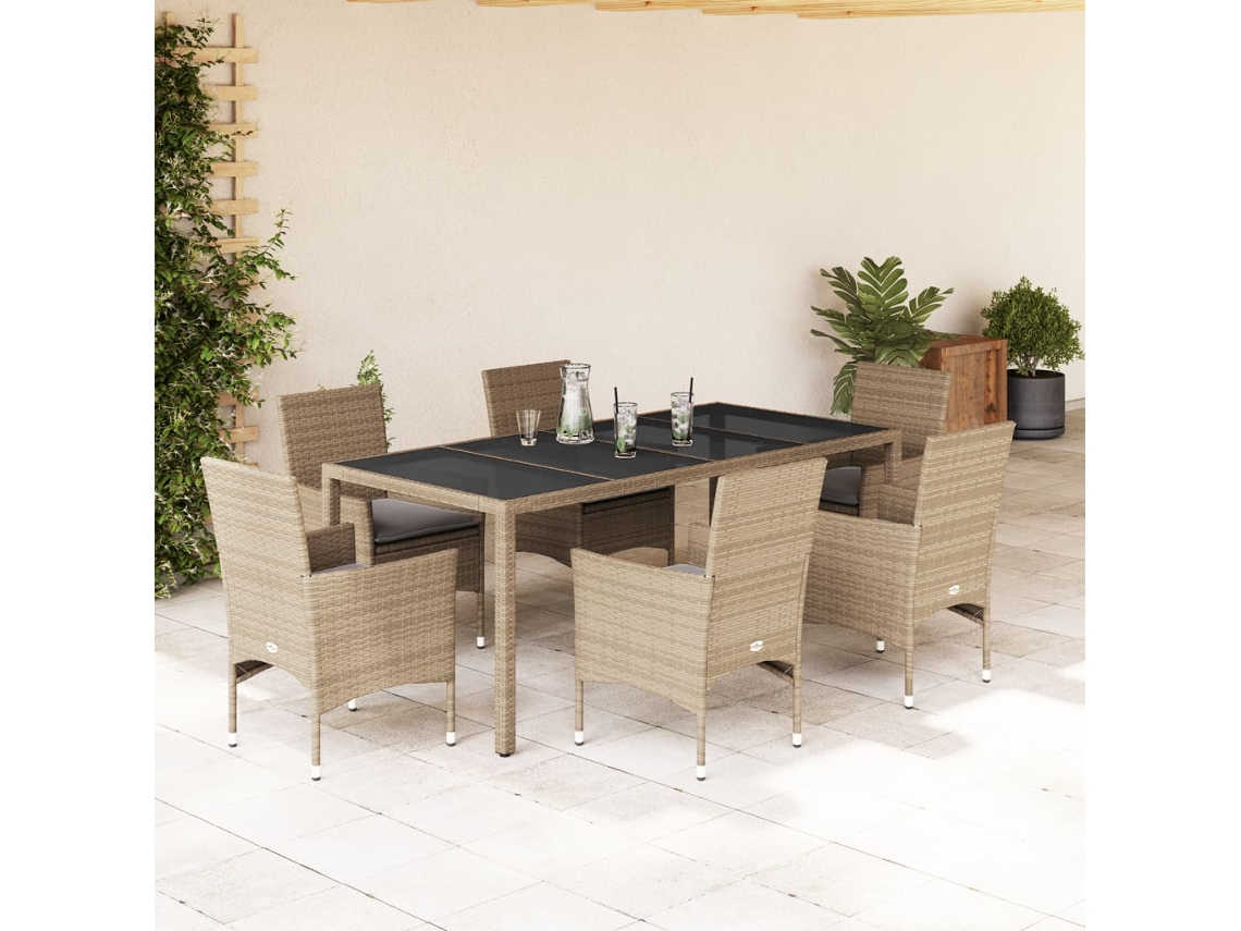 Conjunto 7 Piezas Jantar Jardim Con Almofadões Vime Pe/vidro Bege Dkd Home Decor
