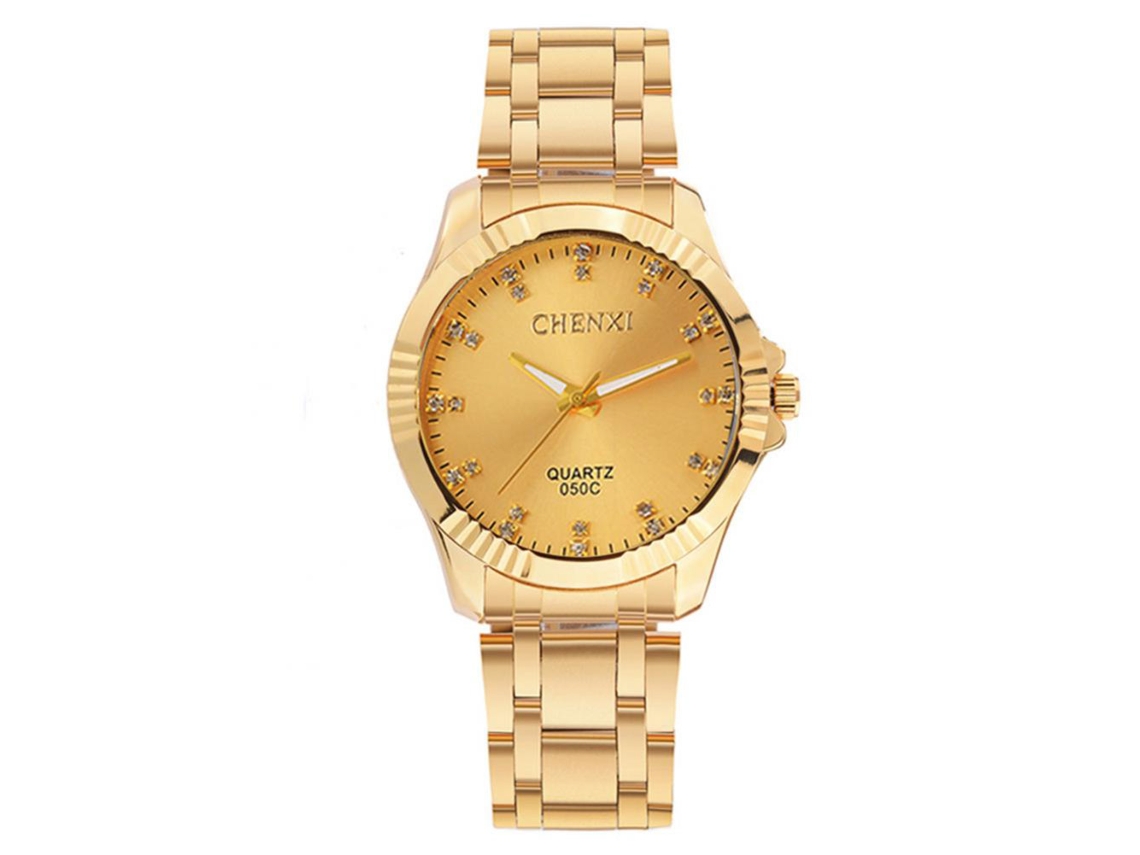 Reloj De Pulsera De Acero Inoxidable Impermeable Moda Casual Para Hombre Con Cuarzo (dial Dorado)