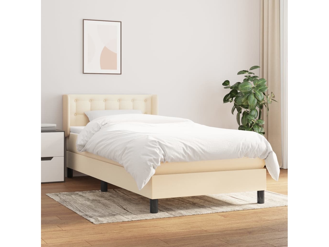 Cama Box Spring Con Colchón Tela Color Crema 90x200 Cm