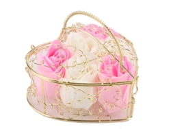 6 cestas de jabón románticas de hierro con forma de rosa dorada para regalo de San Valentín (rosa y blanco)