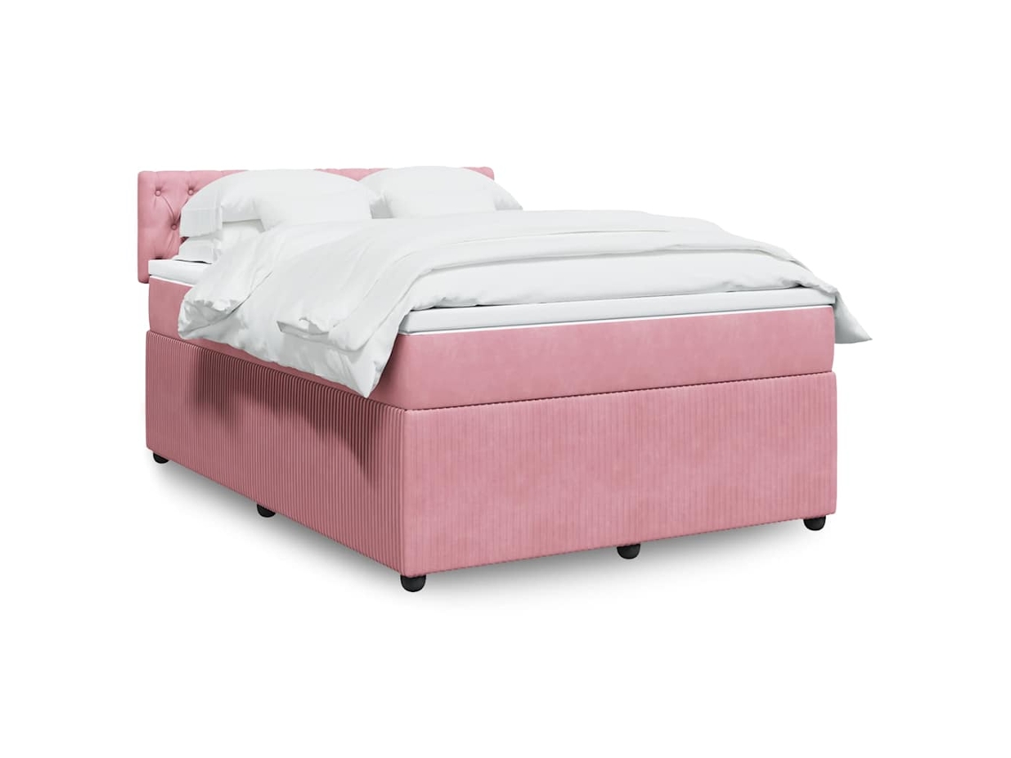 Cama Box Spring Con Colchón Terciopelo Rosa 140x200 Cm