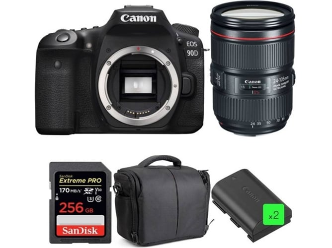 Kit Cámara Réflex CANON EOS 90D + EF 24-105mm f/4L IS II USM + SanDisk 256GB + 2 LP-E6N + Bolsa