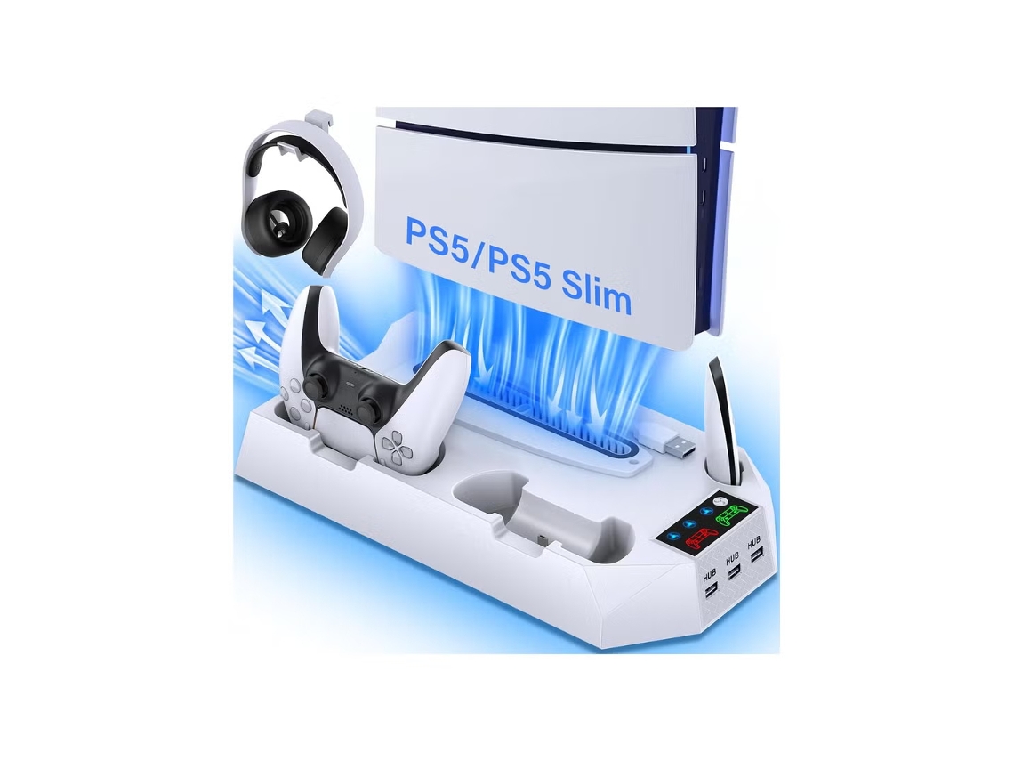 Soporte Y Estación De Refrigeración Para Ps5 Slim Con Estación De Carga Para Mandos, Compatible Con Consolas Playstation 5 Slim Y Standard (disco/digi