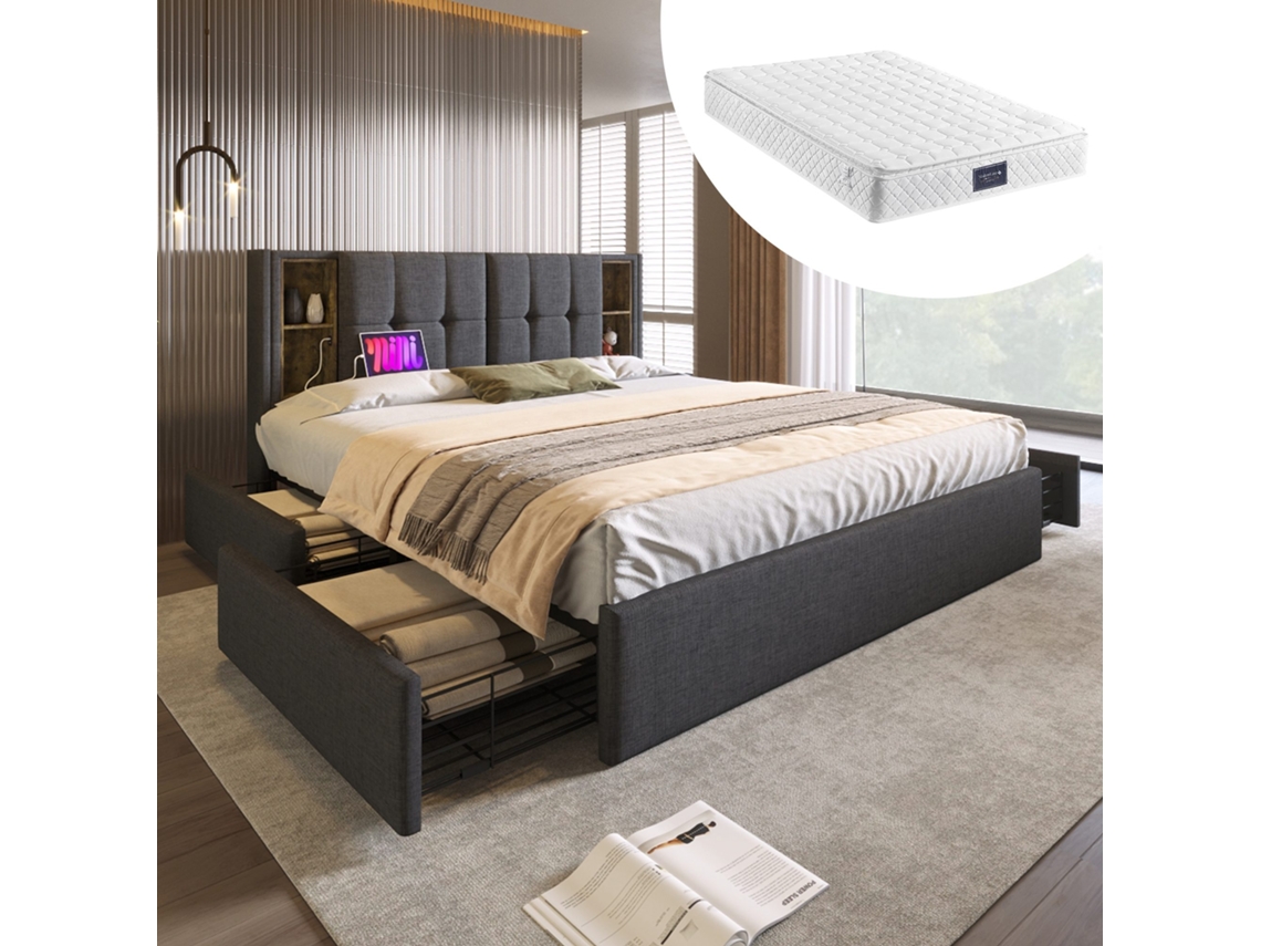 Cama Doble 160x200 Cm - Cargador Inalámbrico Usb C, 4 Cajones, Somier De Madera - Tejido Gris (con Colchón)