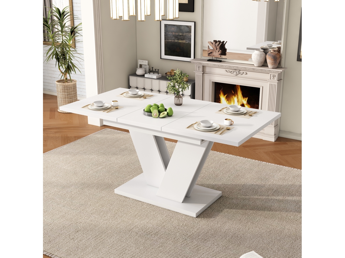 Mesa Extensible 120/160*80 Cm - Mesa Rectangular Con Patas En V, Estilo Sencillo - Blanca
