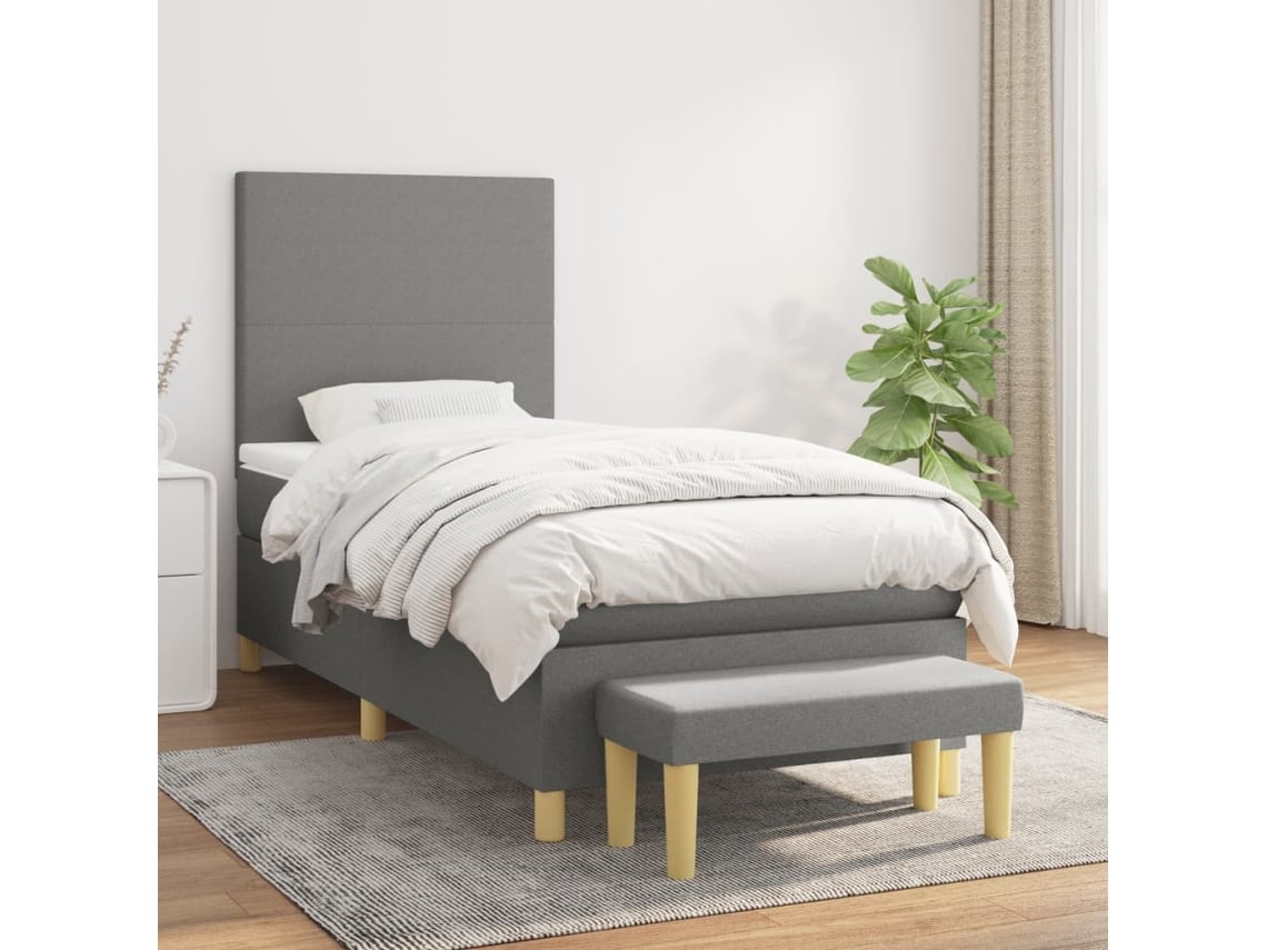 Cama Box Spring Con Colchón Tela Gris Oscuro 90x200 Cm