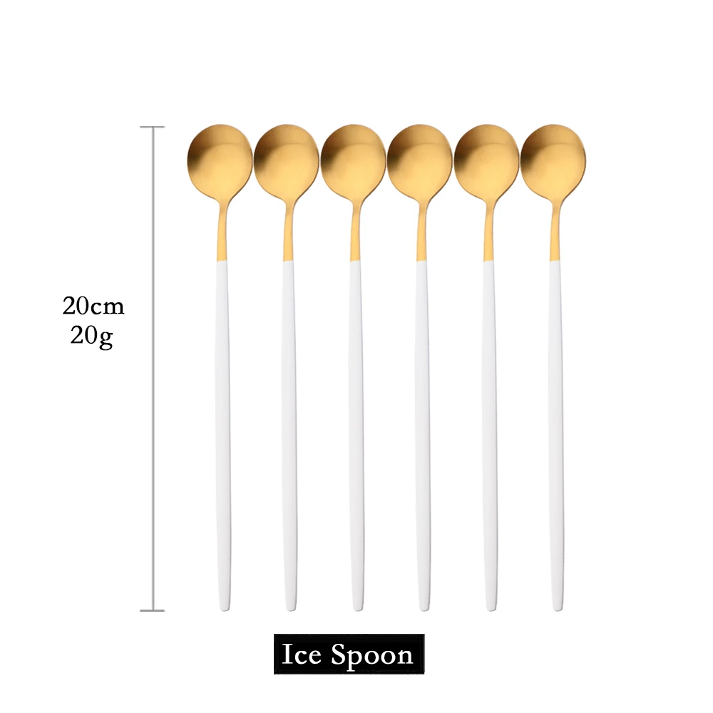 (oro Blanco, 6 Piezas) Cucharas De Mango Largo Mate Para Remover Bebidas, Cubiertos De Acero Inoxidable