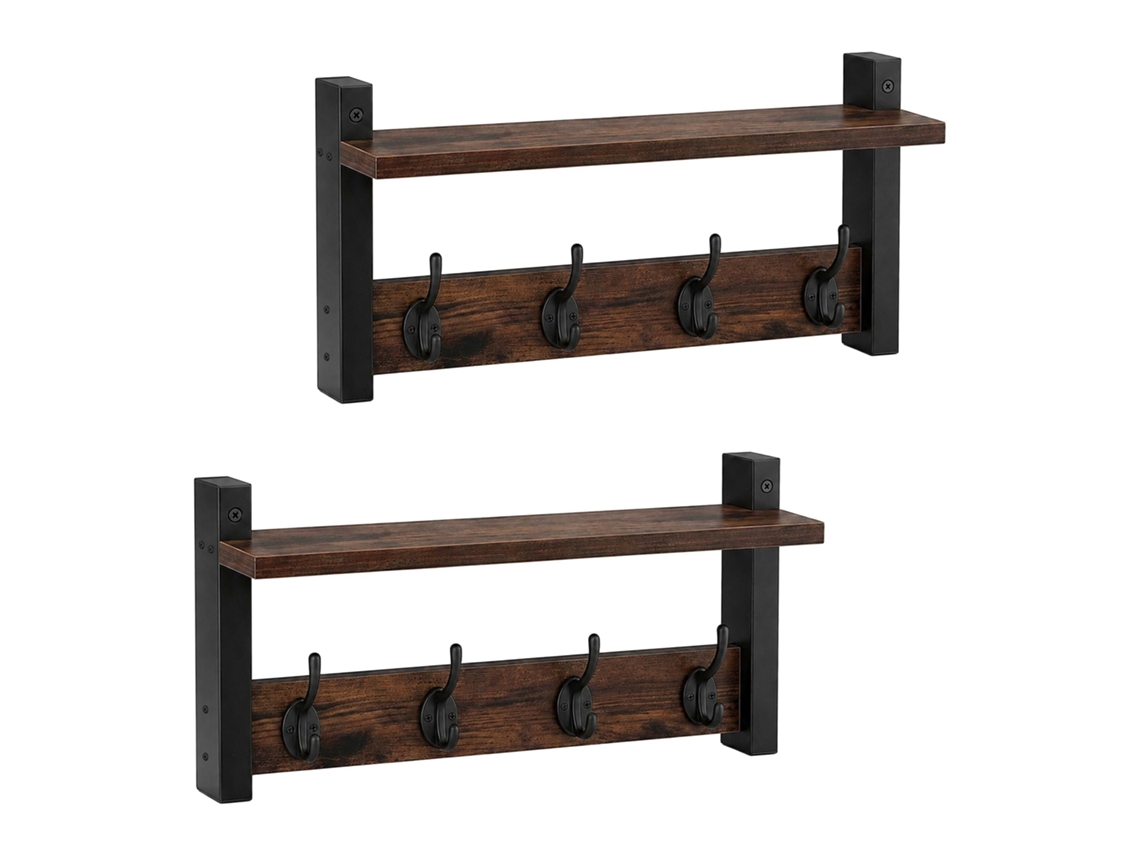 Perchero De Pared Relaxdays, Set De 2: 4 Ganchos Dobles C/u, 19,5x40x11 Cm, Repisa Para Sombreros, Marrón