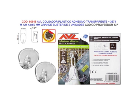 Avl colgador plast.adhesivo transp.m124 43x50mm bl 2u 3674 (137)