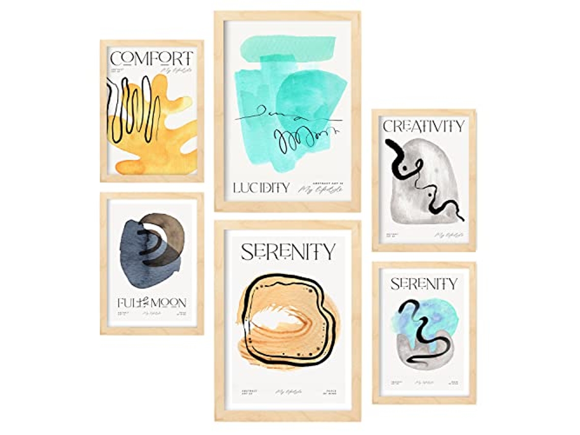 NACNIC Set De 6 Posters Abstractos Elementos Láminas Con Estética Exposición De Arte Ilustraciones A Todo Color Para A3 & A4 Marcos Color Madera