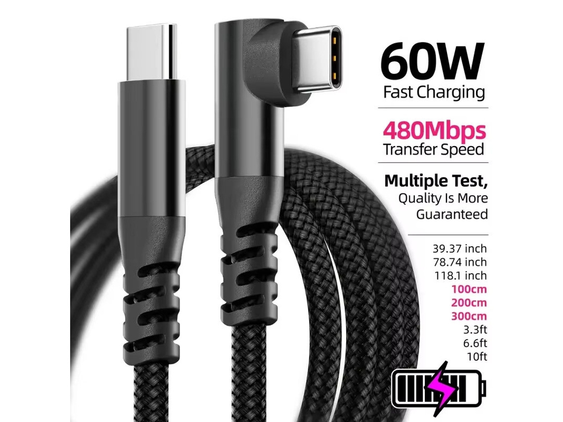 Cable Acodado Pd60w Tipo C A Tipo C, Transmisión De Datos, 1 M/2 M De Largo