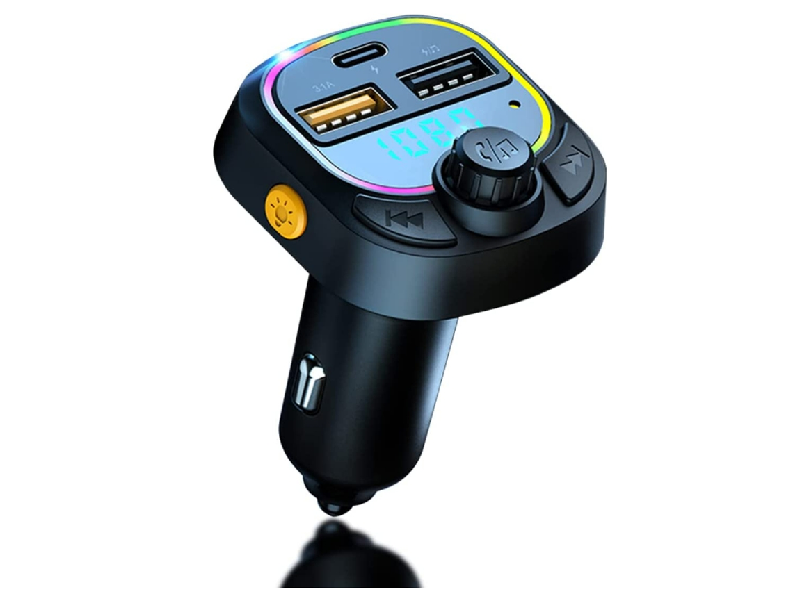 Adaptador Bluetooth para automóvil, transmisor FM para automóvil Bluetooth 5.0 con puerto de carga tipo C QC3.0 y 5V / 3.1A, kit de automóvil Bluetooth compatible con llamadas manos libres, retroilumi