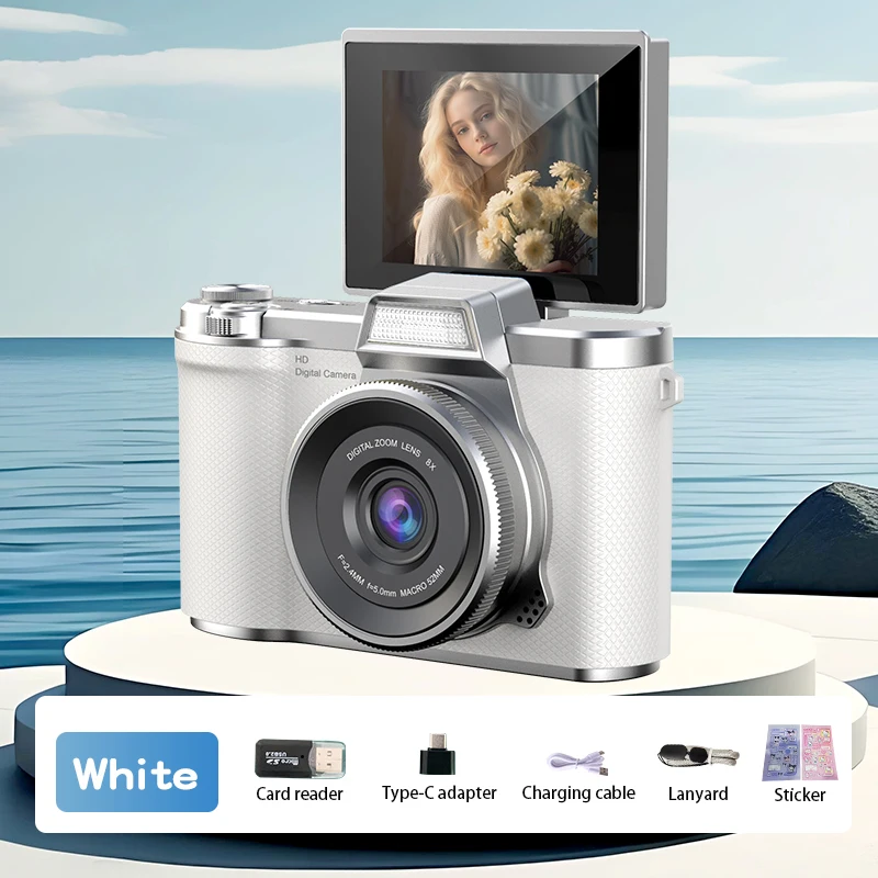 (blanco, Sin Tarjeta Tf) Cámara Digital 4k Con Resolución De 48 Mp, Pantalla Abatible De 180° Recargable.