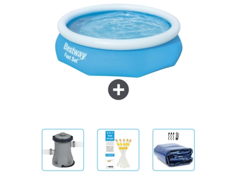 Piscina Hinchable Redonda Fast Set BESTWAY - 305 x 76 cm - Azul - Incluida Bomba - Tiras de prueba - Vela solar