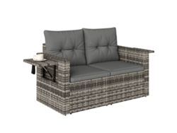 Sofá de mimbre gris claro de 2 plazas con cojines y bandeja lateral plegable.