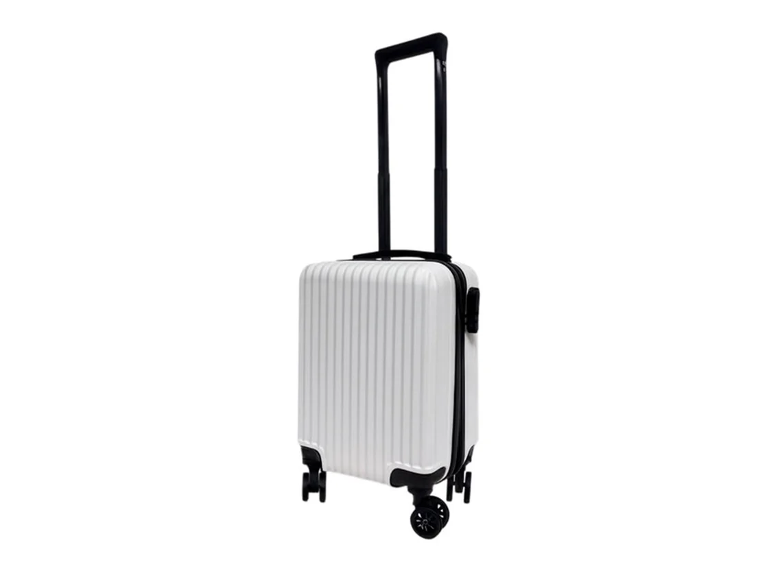 Maleta de cabina blanca de 16 pulgadas fabricada en plástico ABS resistente con 4 ruedas giratorias.