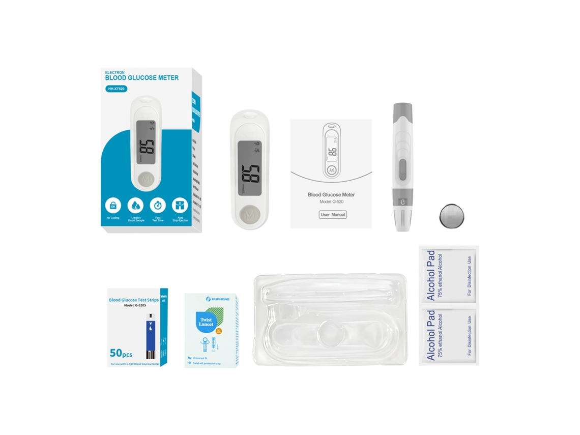 Medidor de glucosa HH-XT02, kit completo con tiras reactivas, lancetas y toallitas con alcohol, monitor de diabetes sin código.