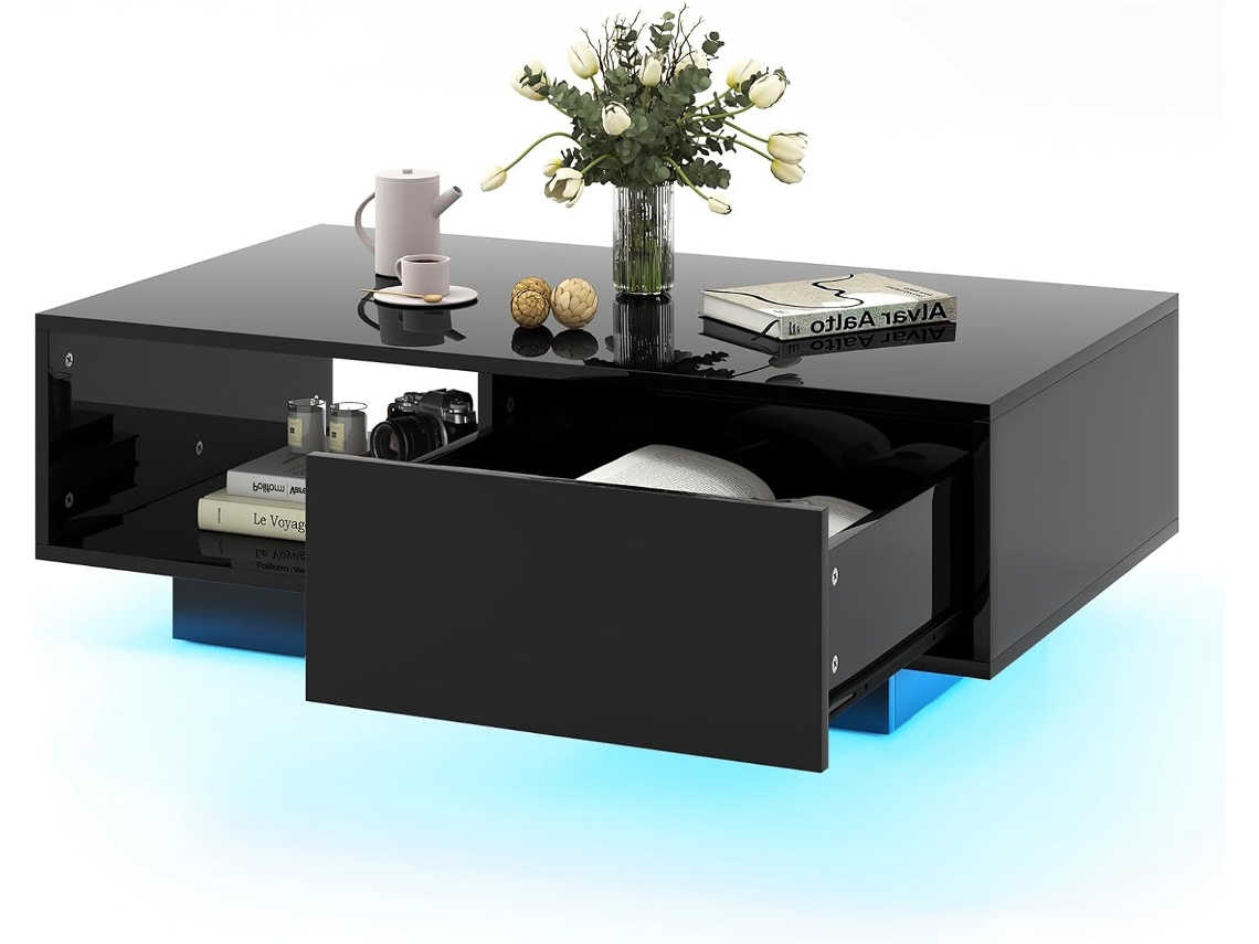 Mesa pequeña con 20 colores de luces LED, mesa rectangular moderna con control remoto, mesa de cóctel inteligente Costway con cajón (negro)