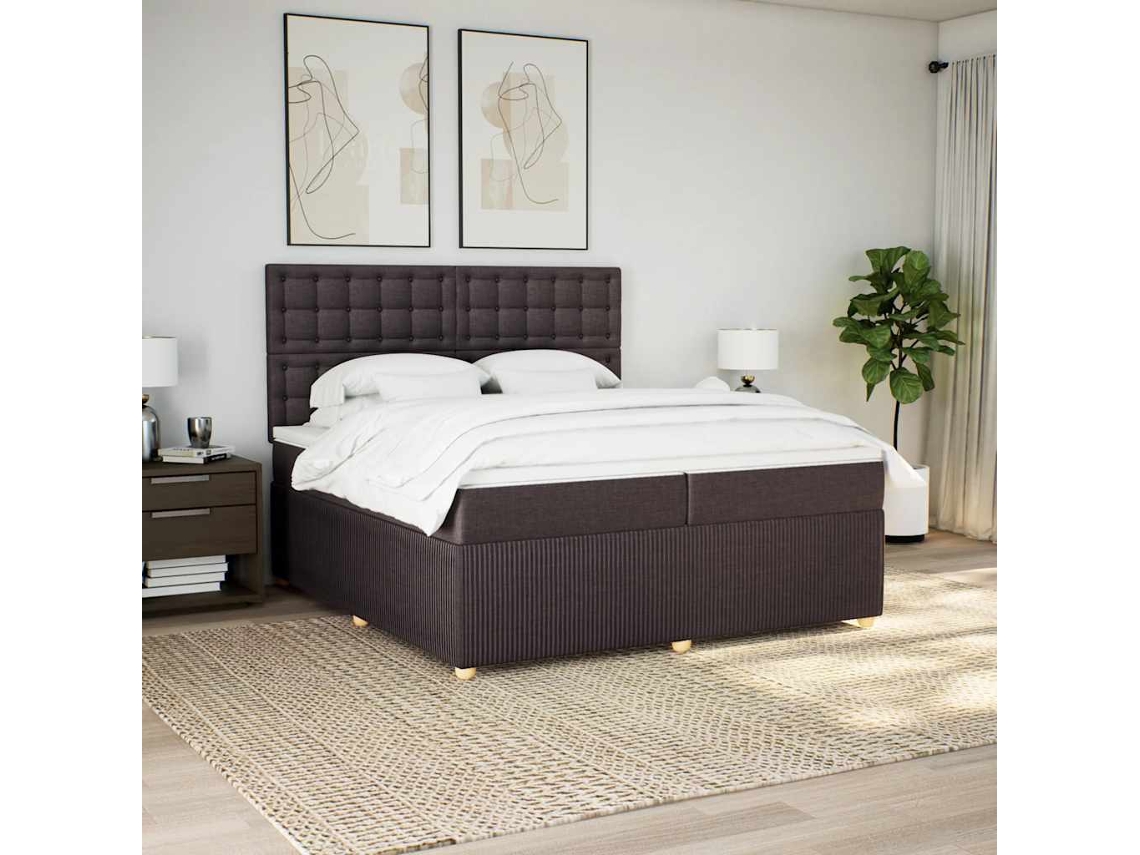 Cama Box Spring Con Colchón Tela Marrón Oscuro 200x200 Cm