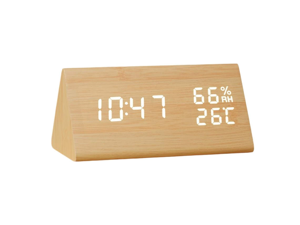 Reloj Digital Acabado en Madera, LED, 3 Alarmas, Humedad y Temperatura NEVEANCE