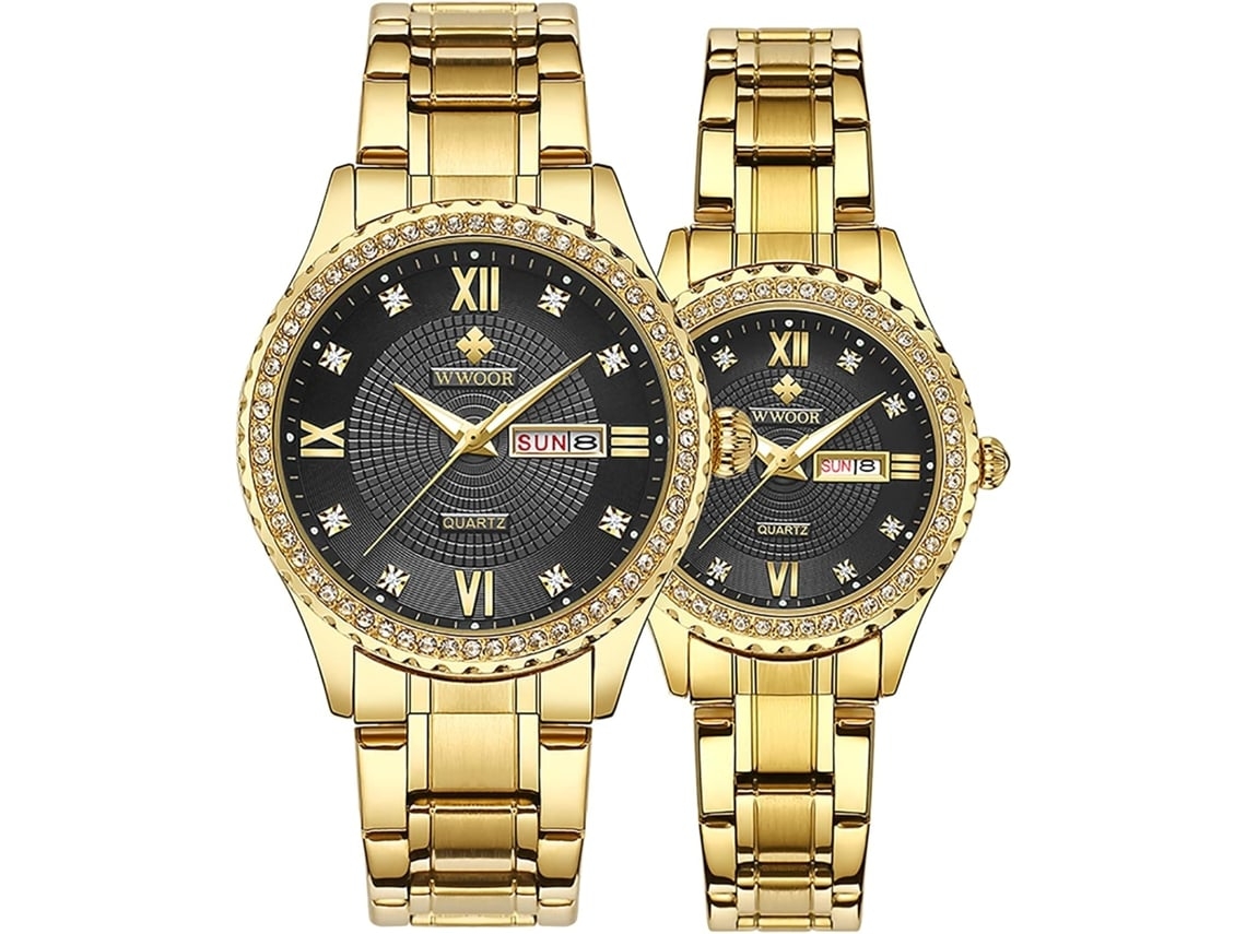 Reloj De Pulso Diamante Con Fecha Impermeable Oro Negroyuysan