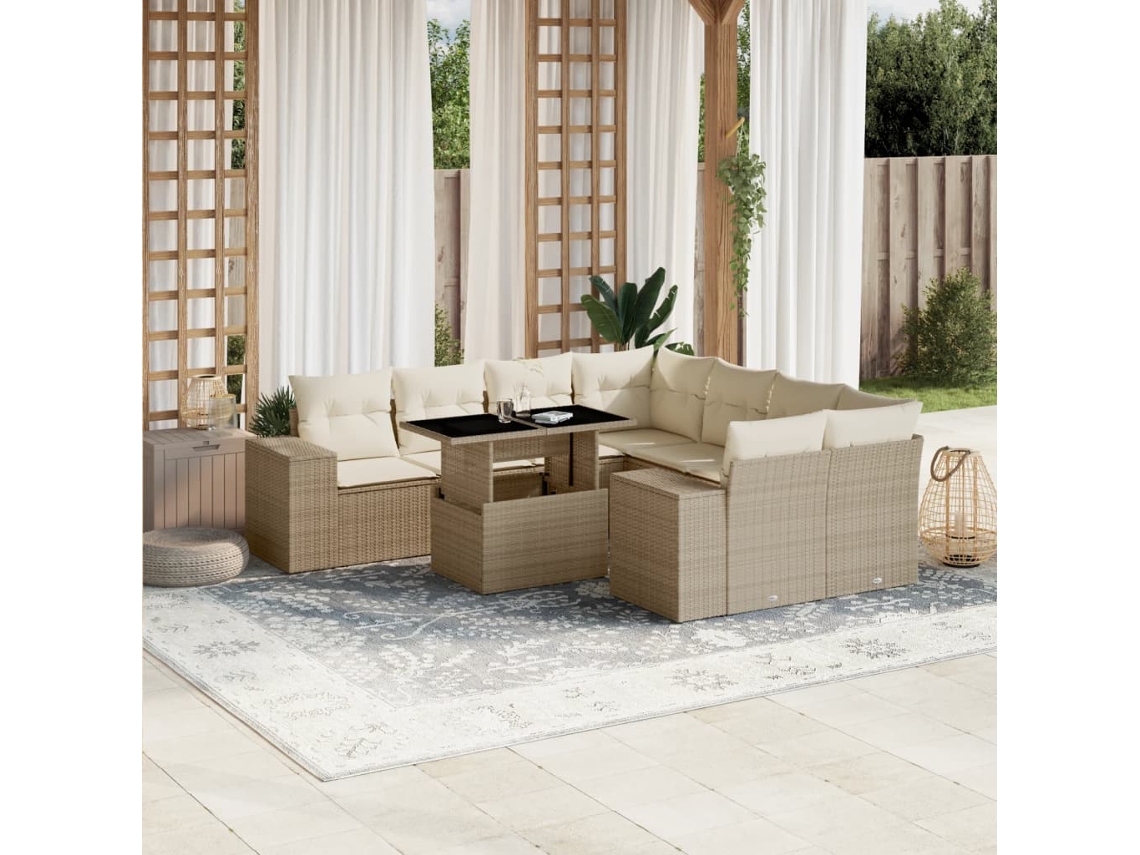 Conjunto de sofá de jardín de 9 piezas con cojines, mimbre sintético beige, Dkd Home Decor