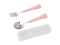 Juego De Cubiertos De Acero Inoxidable Con Diseño De Dibujos Animados Para Niños: Tenedor Y Cuchara De Cerdito Rosa.
